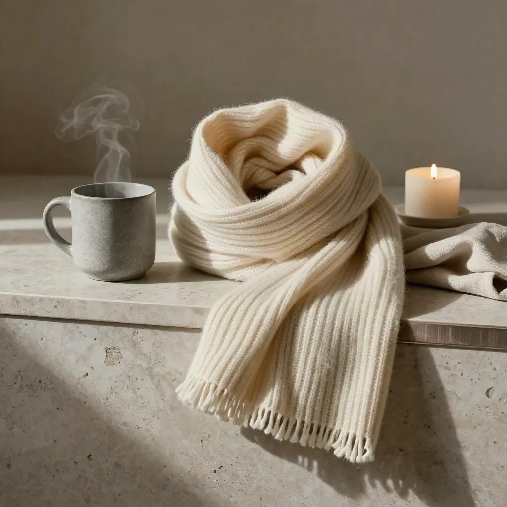 Ivory cashmere scarf arcing beside a stone mug, candle and folded linen on travertine.