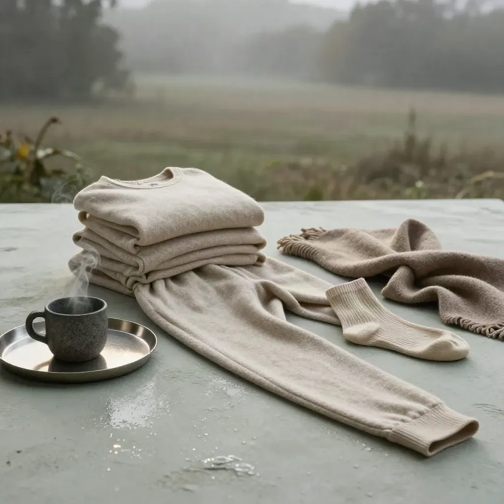 Cashmere lounge set with mug, tray, socks and throw in soft post-rain studio light