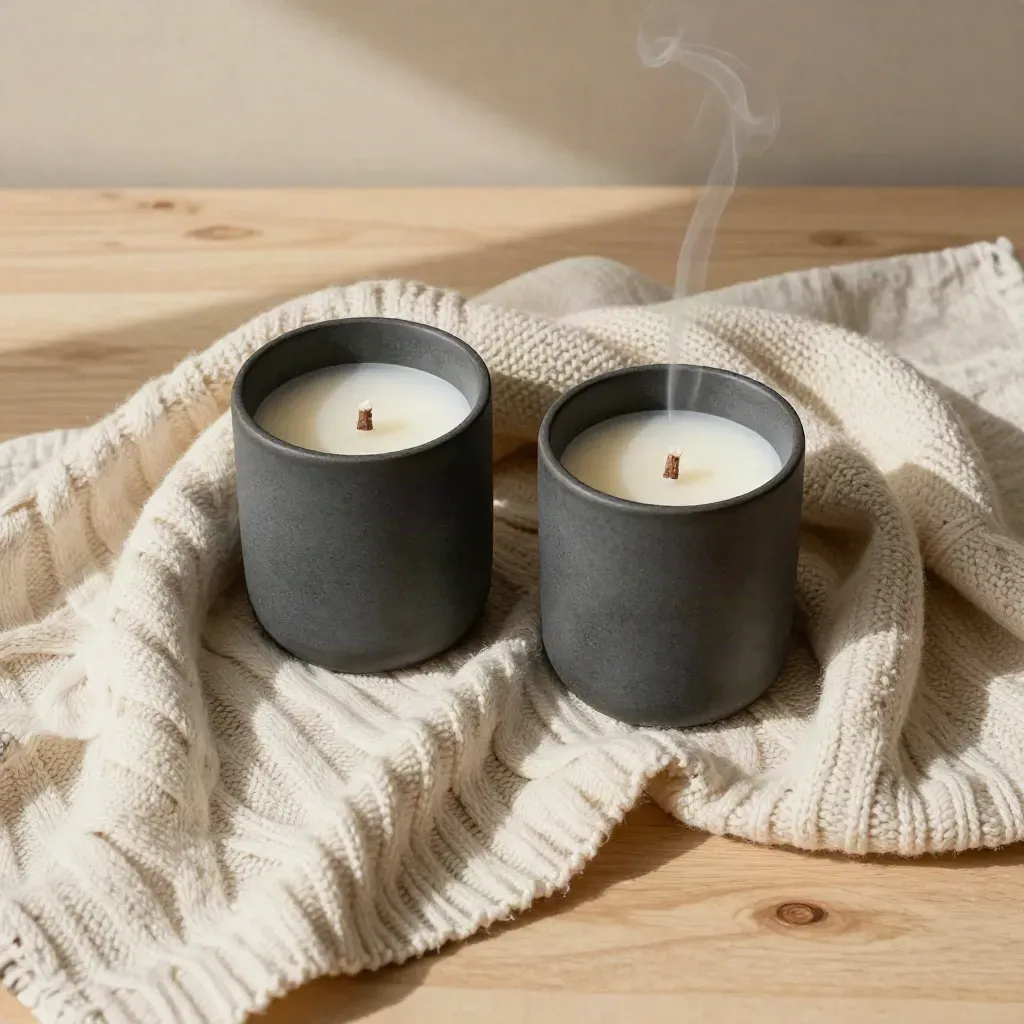 Top-down stoneware candle duo in knit and linen on pale wood, with faint smoke rising.