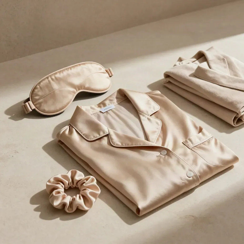 Champagne silk sleep shirt with eye mask, scrunchie and robe on plaster