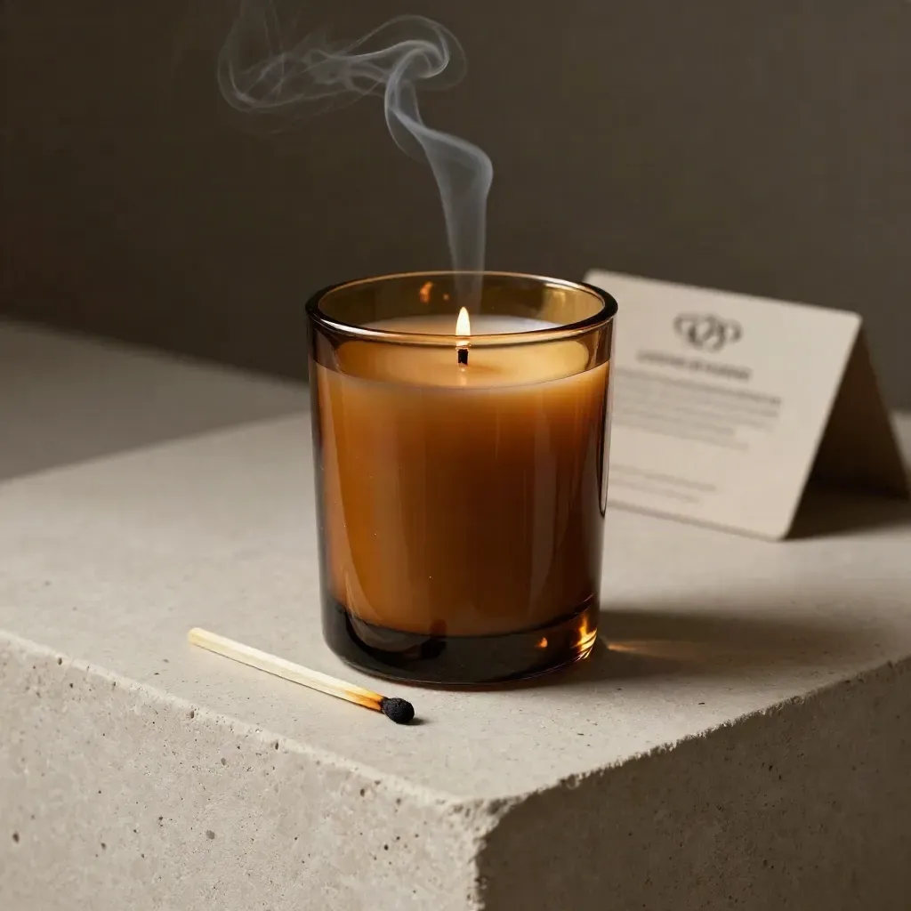 Amber glass candle with smoke curling from a dark wick and a burnt match on pale stone.