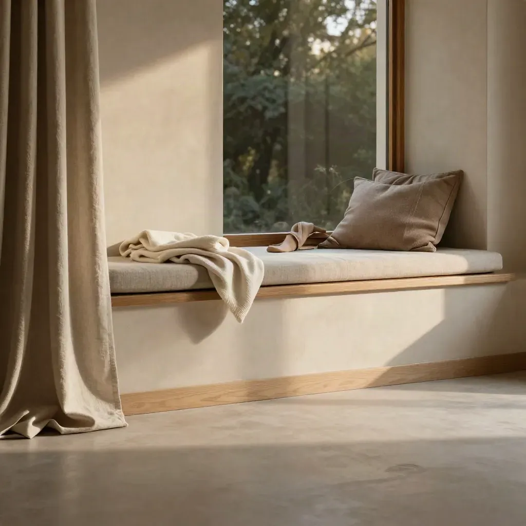 Pale oak window seat with folded throws, linen curtain and sunlit trees in a warm plaster room.