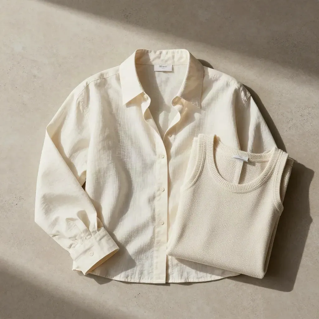 Ivory poplin shirt and knit tank on warm limestone in airy flatlay.