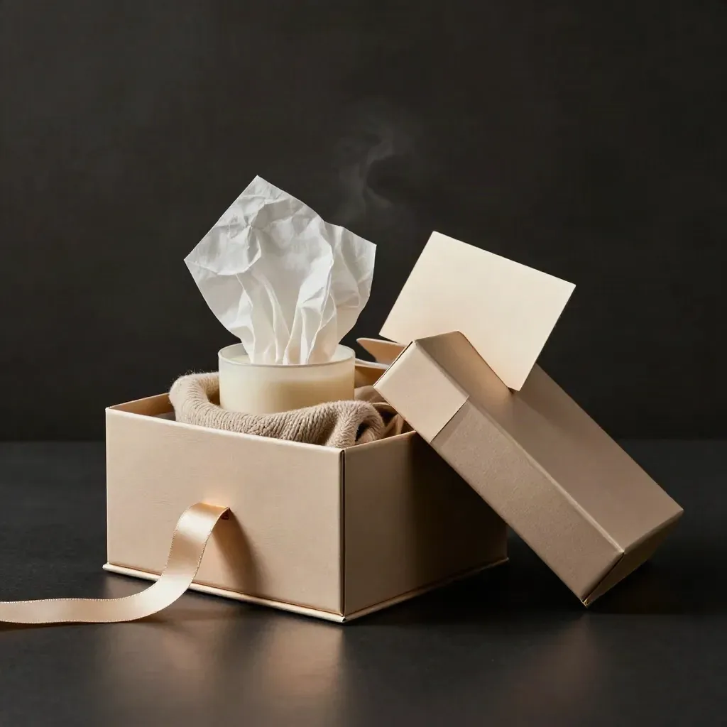 Open champagne-gold gift box with tissue, candle and folded knit on a matte-black studio surface.